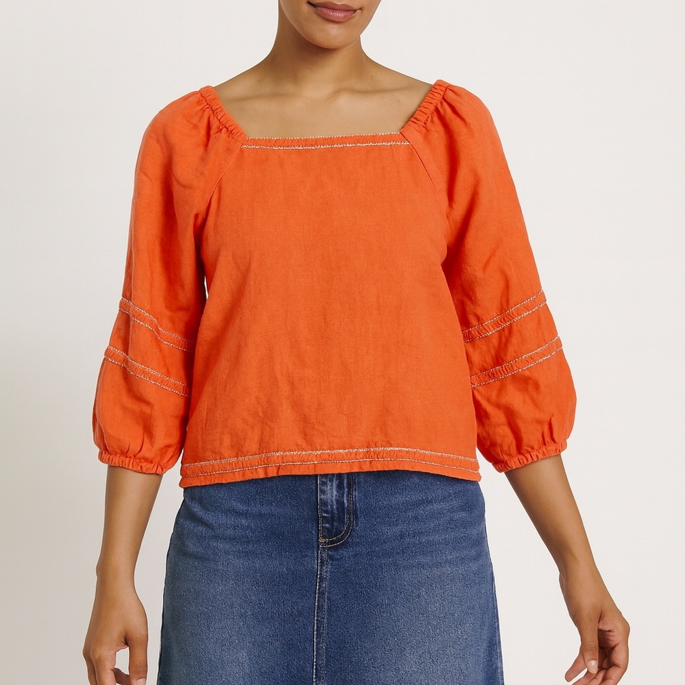 Anthropologie Joie Orange Linen with Silver Contrast Stitching Peasant Boho Top